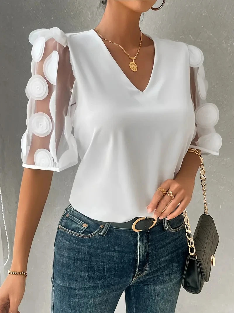 3D Floral Applique Sheer Sleeve V Neck Chiffon Blouse Top For Women