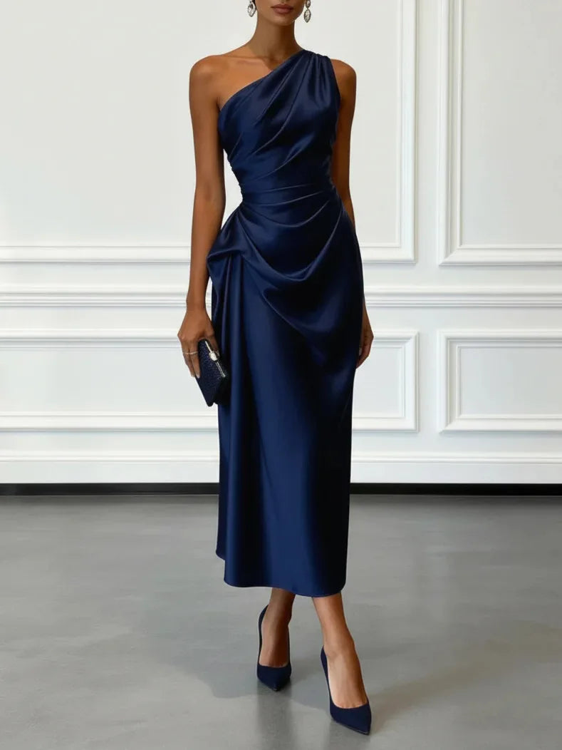 One Shoulder Asymmetrical Neck Satin Midi Dress All Over Side Ruched Draped Detail