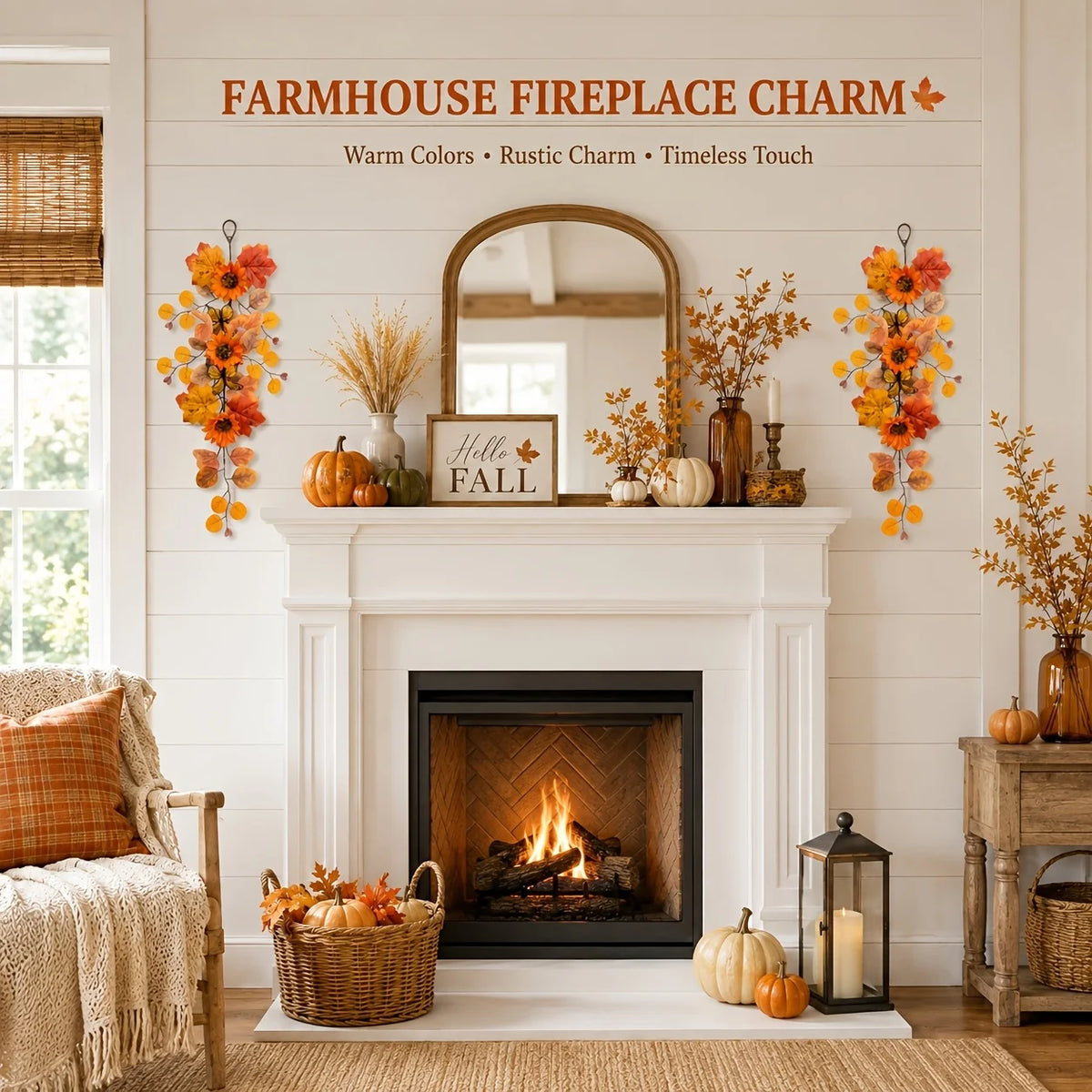 Thanksgiving Autumn Decorative Vine Garlands Orange Sunflowers Maple Leaves Theme Hanging Vines for Home Garden Decoration