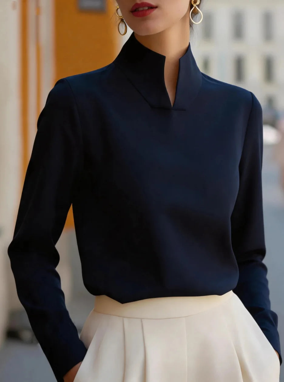 Women Split Stand Collar Long Sleeve Solid Blouse Loose Fit Elegant Formal Business Office Commuter Minimalist Top
