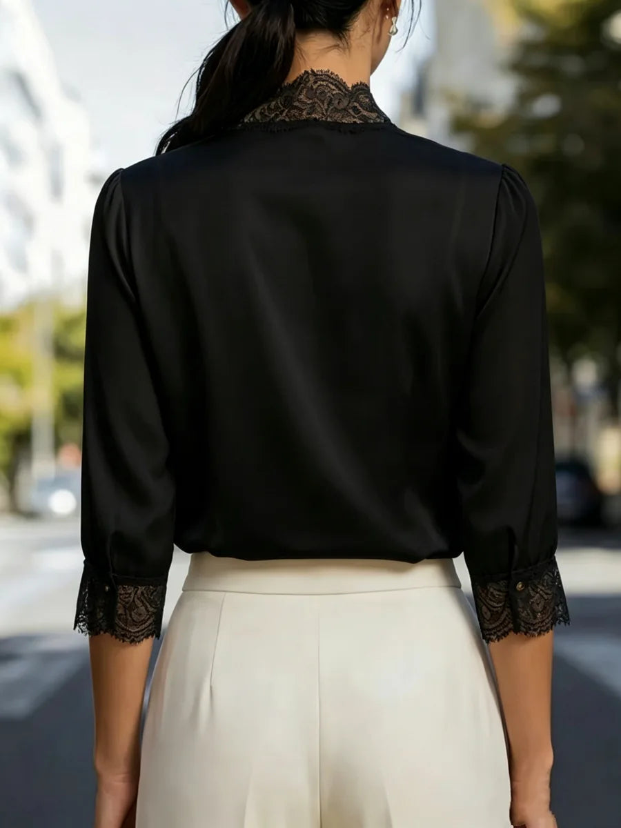 Women Lace Trim V Neck Blouse Three Quarter Sleeve Front Button Pleated Elegant Casual Commuter Shirt