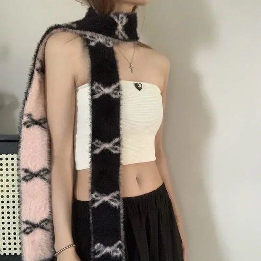 Bow Scarf Women Winter Vintage Knitted Narrow Longer Scarf Women Two-Colors Muffler Neck Warmer Girl Accessories Four Seasons
