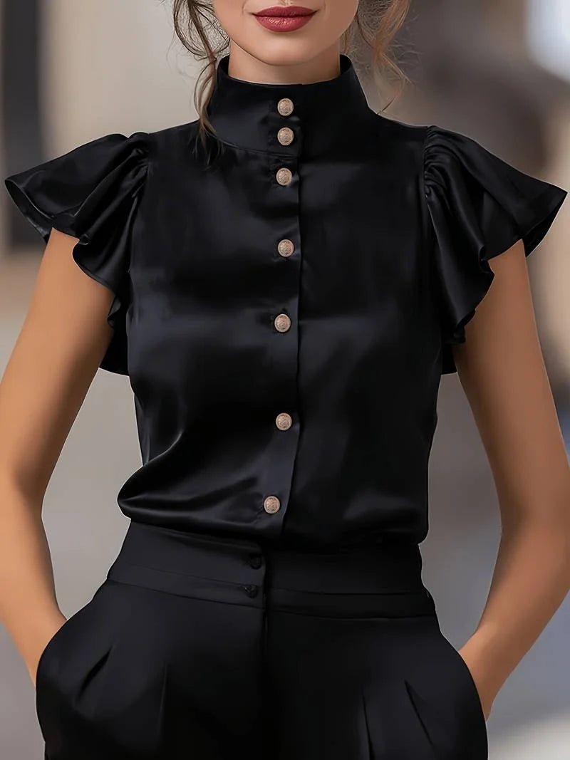 Women's Stand Collar Ruffle Cap Sleeve Button Down Satin Blouse for Office Work and Formal Events