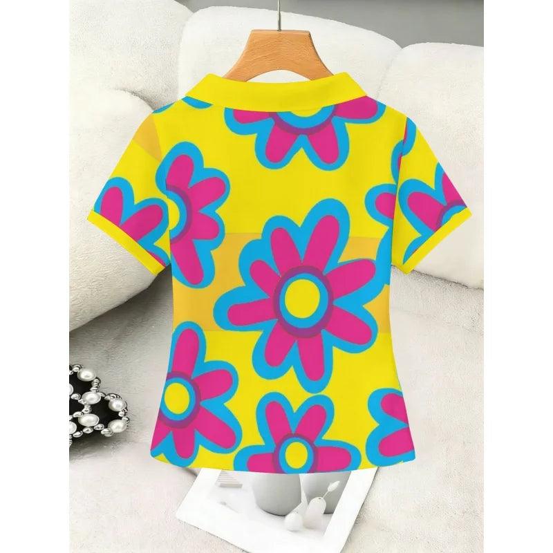 2026Women's Collared Versatile Shirt Without ButtonsYellow Orange GraphicsFashionable Commuting Versatile Top