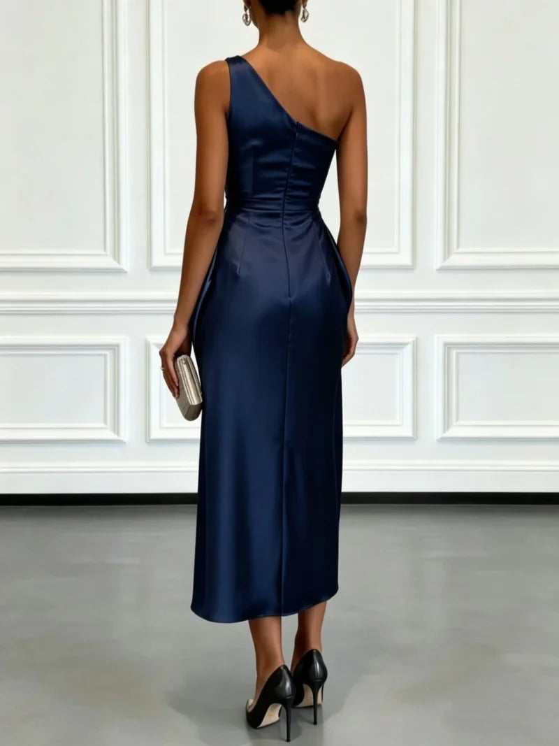 One Shoulder Asymmetrical Neck Satin Midi Dress All Over Side Ruched Draped Detail