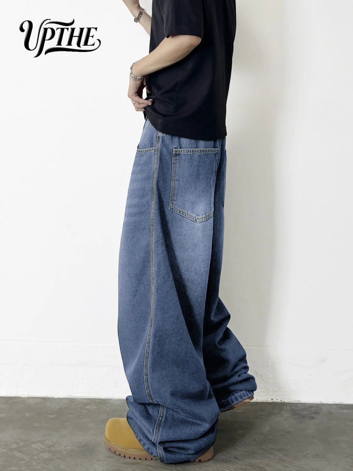 UP.THE Men Light Wash Baggy Wide Leg Jeans, Y2K Oversized Loose Denim Pants, Casual Relaxed Fit Trousers for Daily Shopping Office Wear