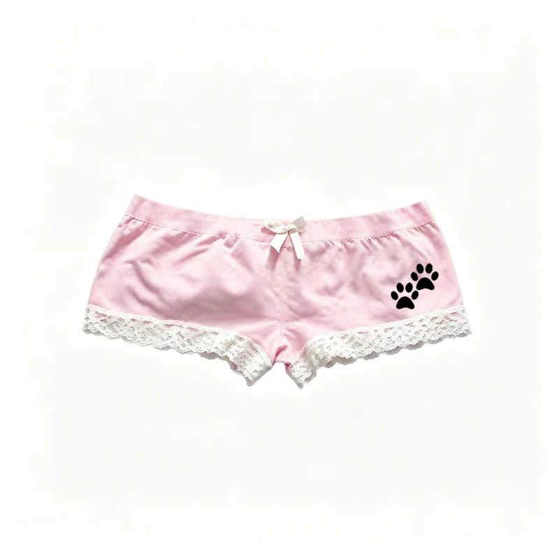 Cat Paw Print Shorts with Bow and Lace Trim