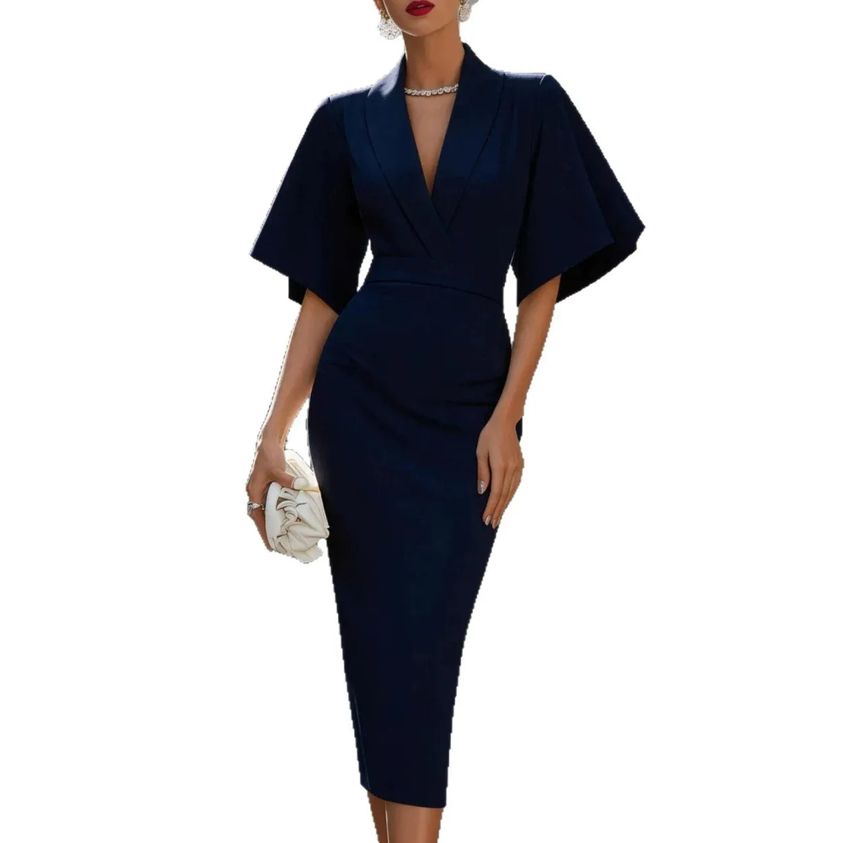 Women Lapel V Neck Flare Sleeve Waist Belt Midi Pencil Dress Elegant Formal Business Party Bodycon Dress