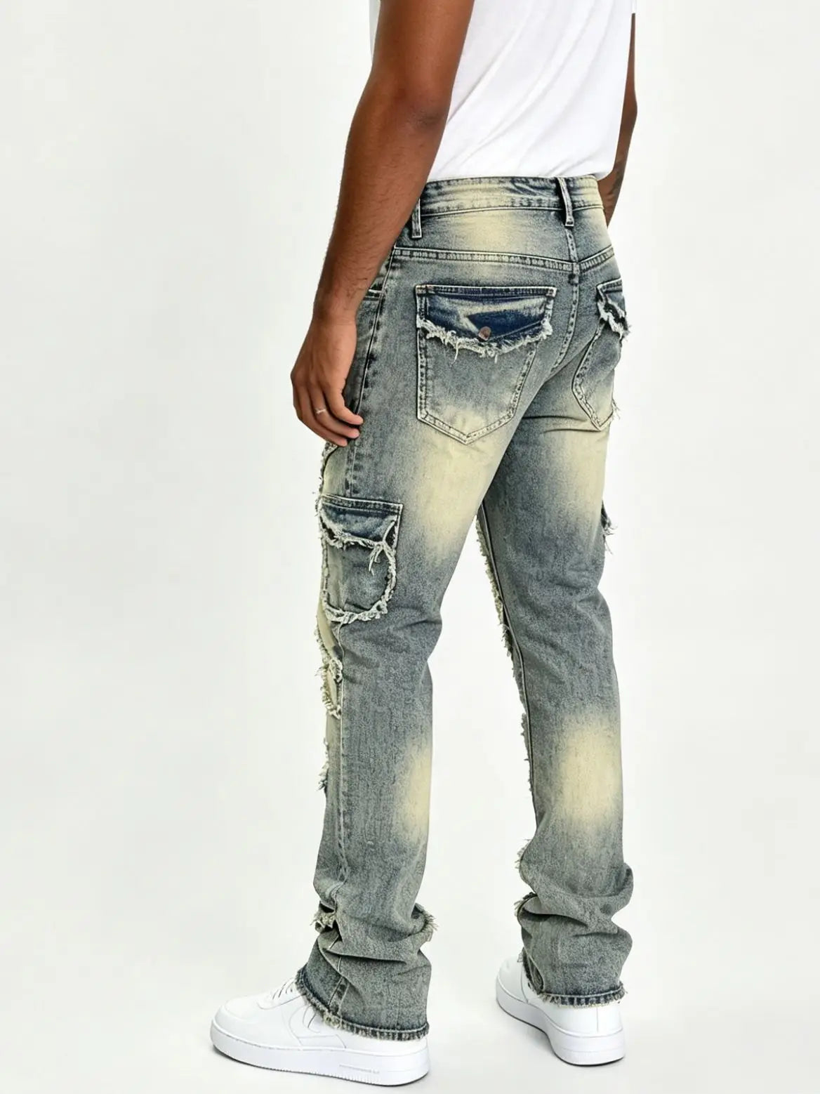 HME Men's Vintage Denim Pants, Stacked Ripped Flared Jeans with Layered Frayed Stitching