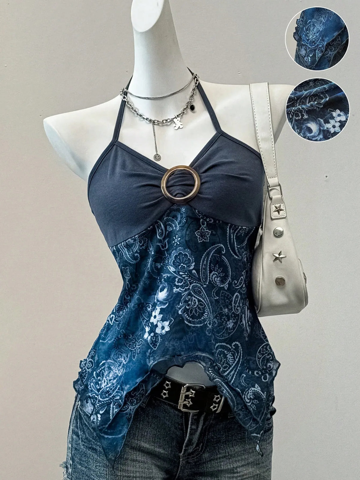 Sexy Spicy Girl Sleeveless Halter Tops Women's Printed Mesh Splice Slim Fit Backless Camisole Summer Fashion Elegant Crop Top
