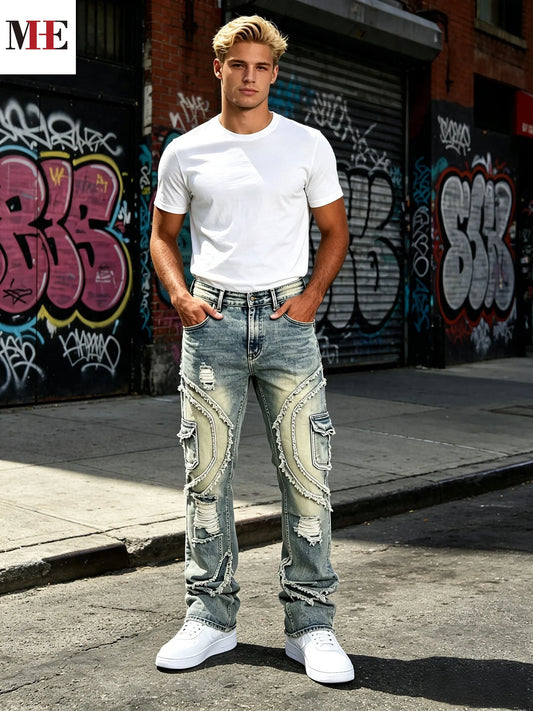HME Men's Vintage Denim Pants, Stacked Ripped Flared Jeans with Layered Frayed Stitching