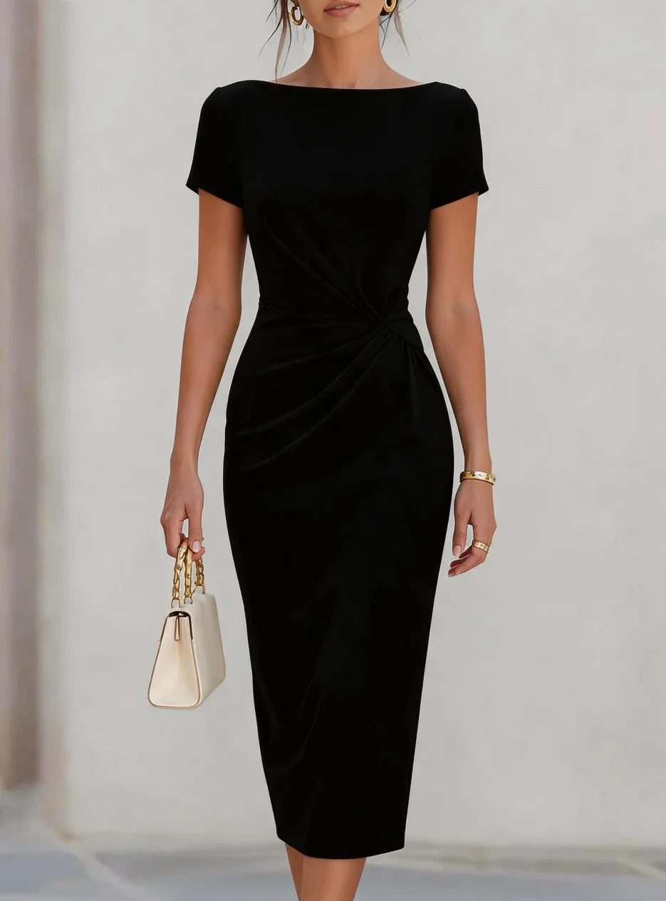 Women Boat Neck Short Sleeve Waist Twist Ruched Bodycon Midi Dress Elegant Solid Office Commuter Pencil Dress
