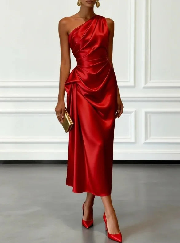 One Shoulder Asymmetrical Neck Satin Midi Dress All Over Side Ruched Draped Detail