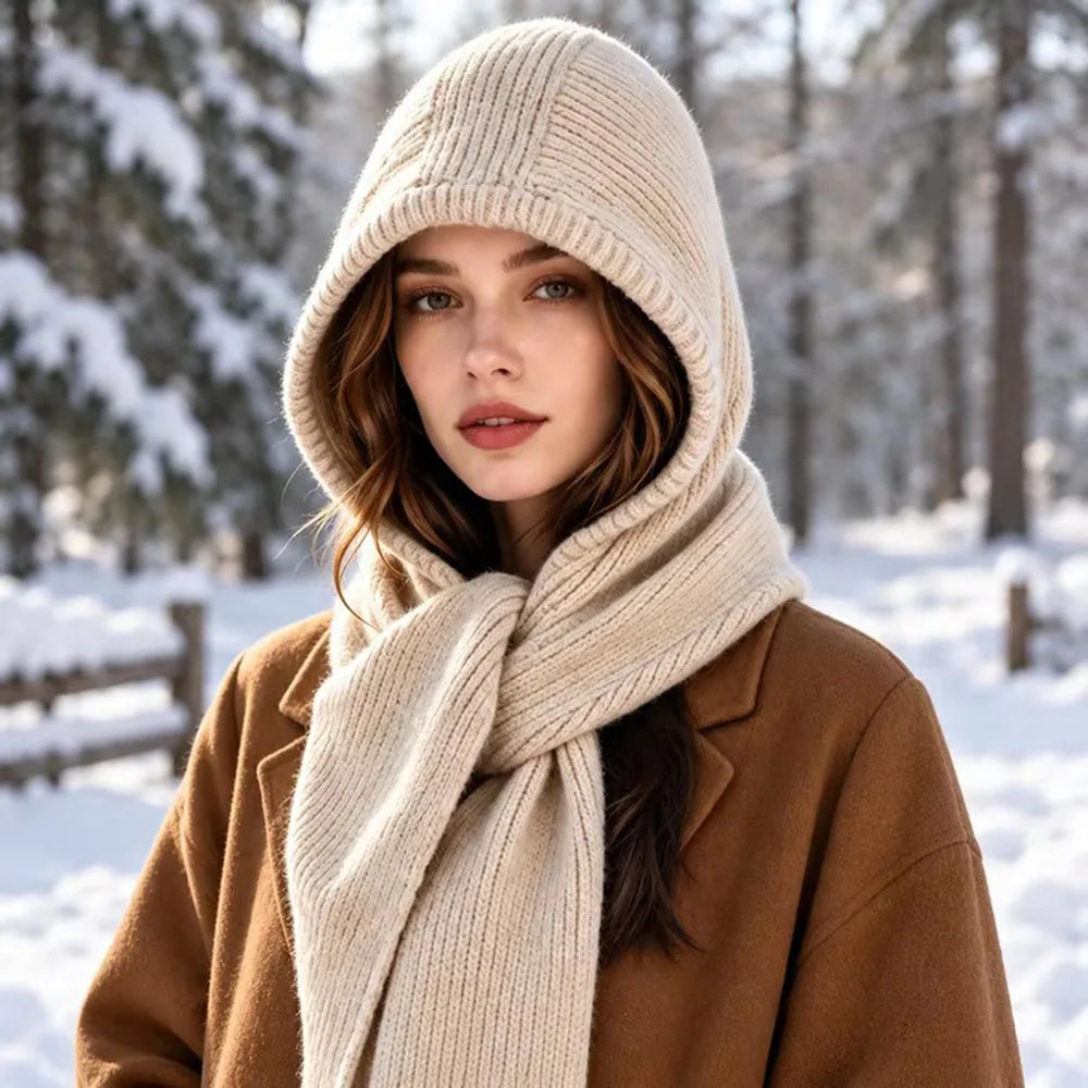 Knitted Hooded Scarf for Women Winter Warm Balaclava Hat Scarf 2 In 1 Neck Warmer Windproof Ear Cover Outdoor Fashion Headwear