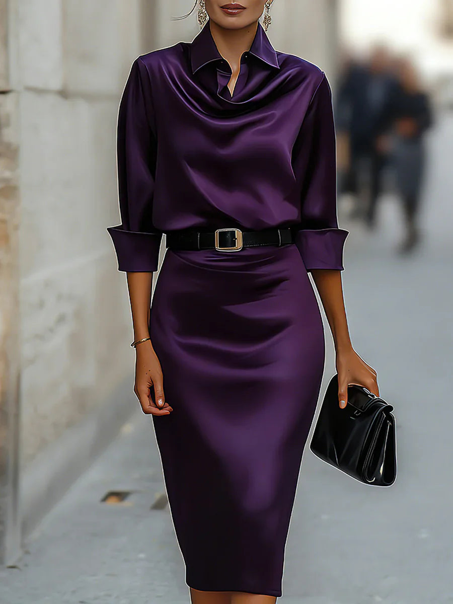 Satin Cowl Neck Shirt Dress With Belt Long Sleeve Bodycon Midi Dress For Women Elegant Casual Party Evening Gown