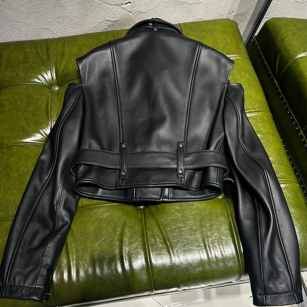 Real Leather Jacket Women Vintage Black Leather Jacket Cropped Jacket With Belt Spring