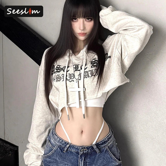 Seeslim Streetwear Graphic T Shirts Women Hooded Print Autumn Tops Korean Fashion 2000s Clothes Y2k Tees Female Clothing T-shirt