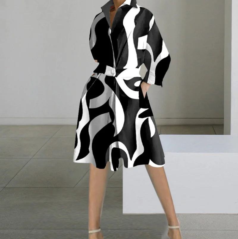 Elegant Ladies Collared V Neck Graphic Print Belt Waist Pocket Shirt Midi Dress Casual Daily Work Outfit