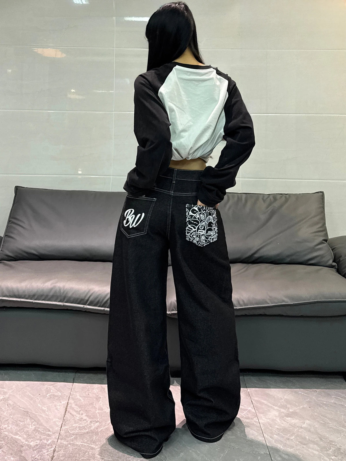 Cartoon Print Wide Leg Jeans in Black