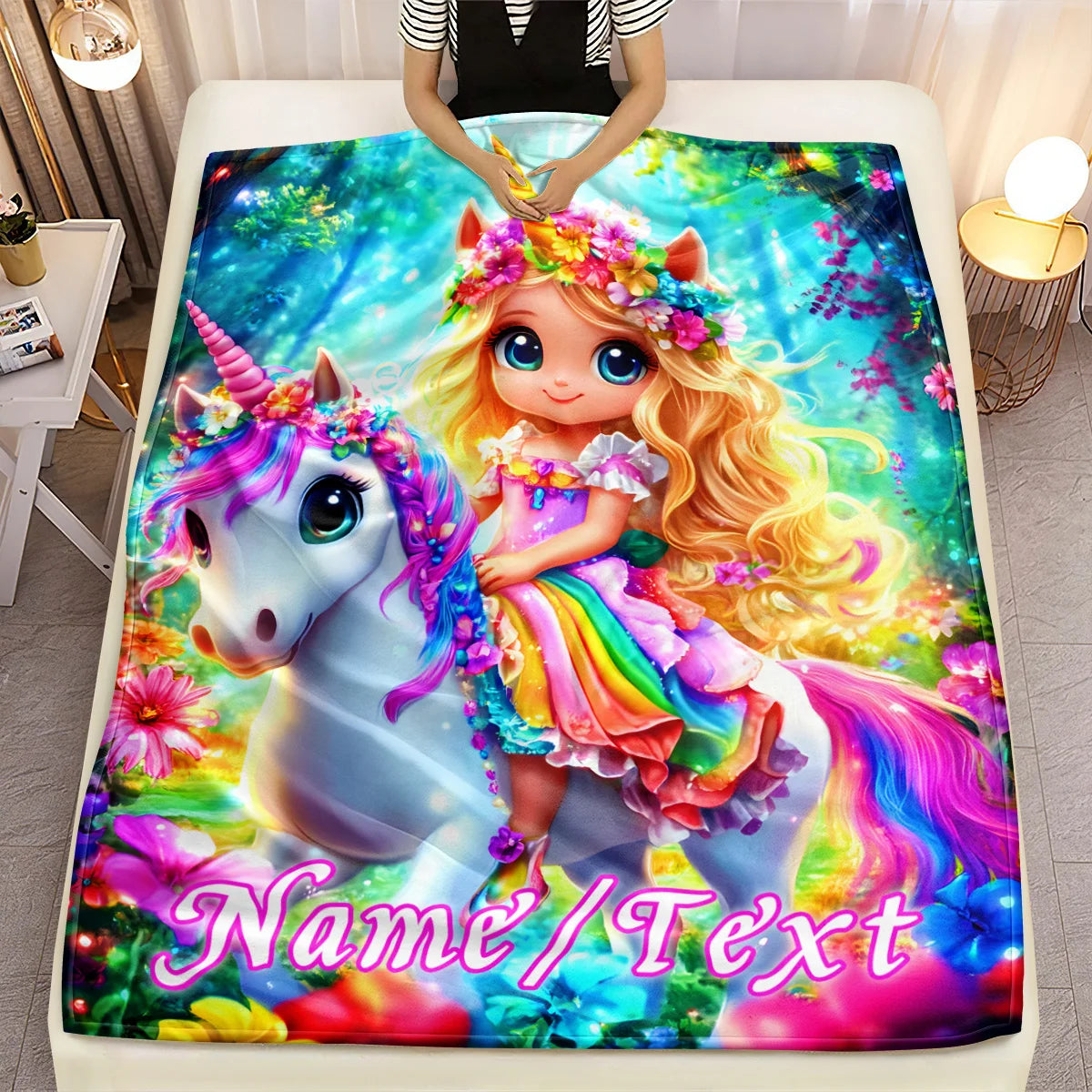 1 customized blanket depicting a cute girl riding a white horse, designed for portability. This lightweight flannel blanket