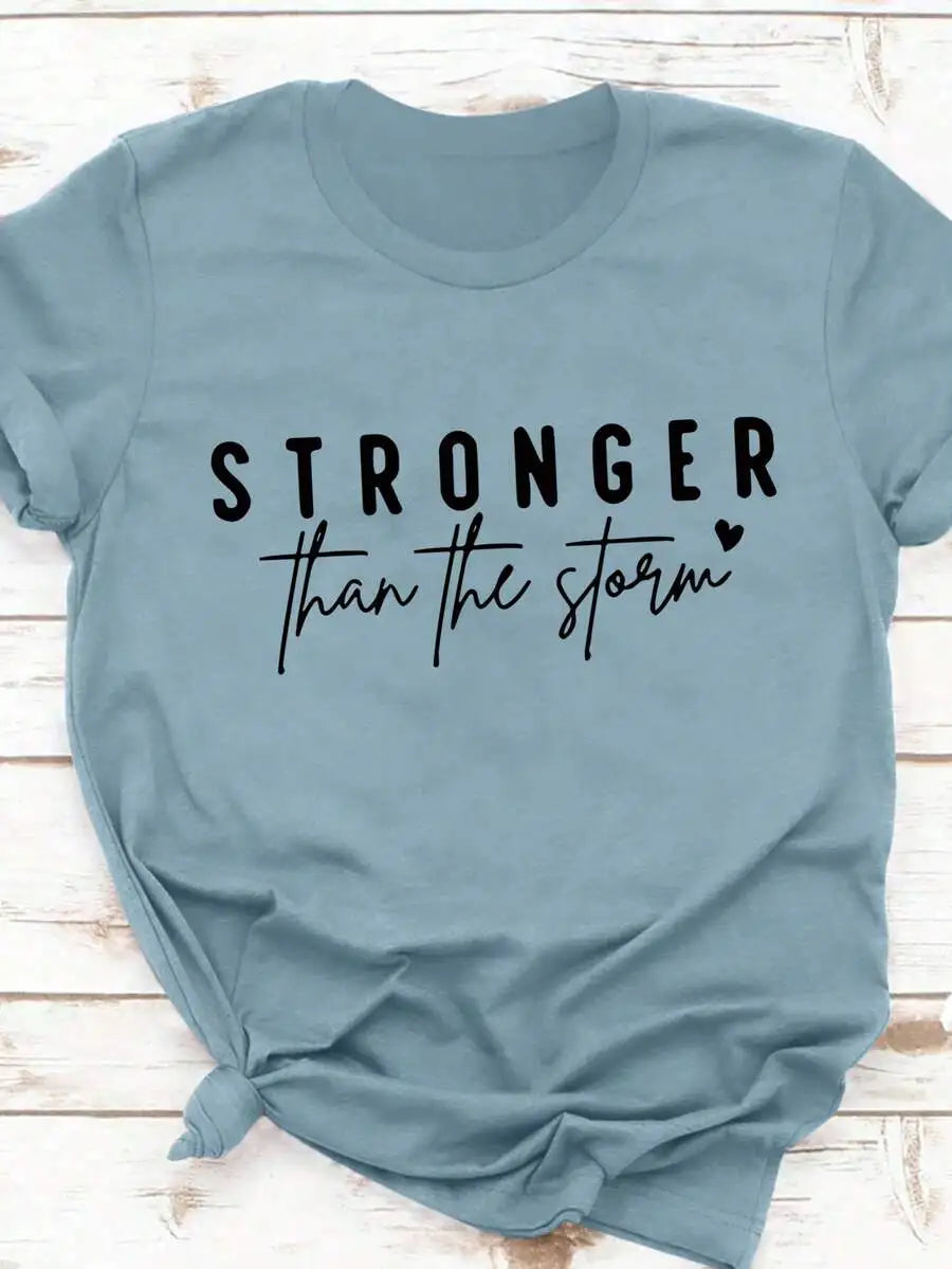 Women Crew Neck Short Sleeve T Shirt Stronger Than The Storm Inspirational Slogan Graphic Print Mustard Color Casual Spring Summer Daily Streetwear Tops