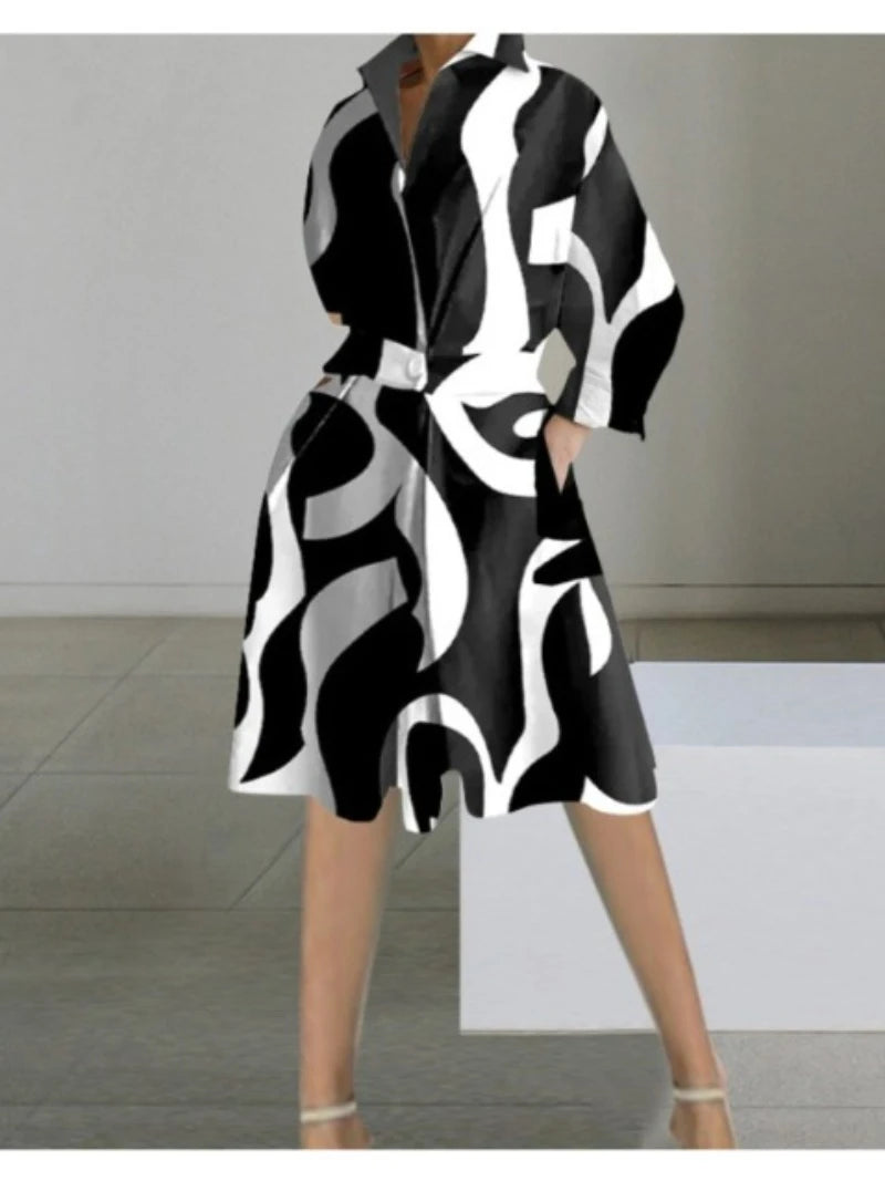 Elegant Ladies Collared V Neck Graphic Print Belt Waist Pocket Shirt Midi Dress Casual Daily Work Outfit