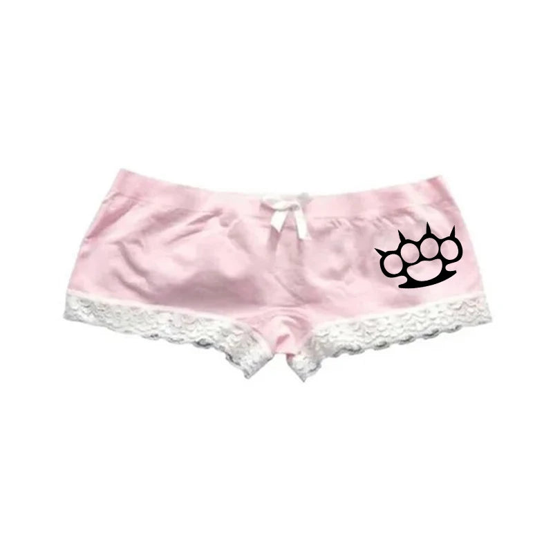 Cat Paw Print Shorts with Bow and Lace Trim