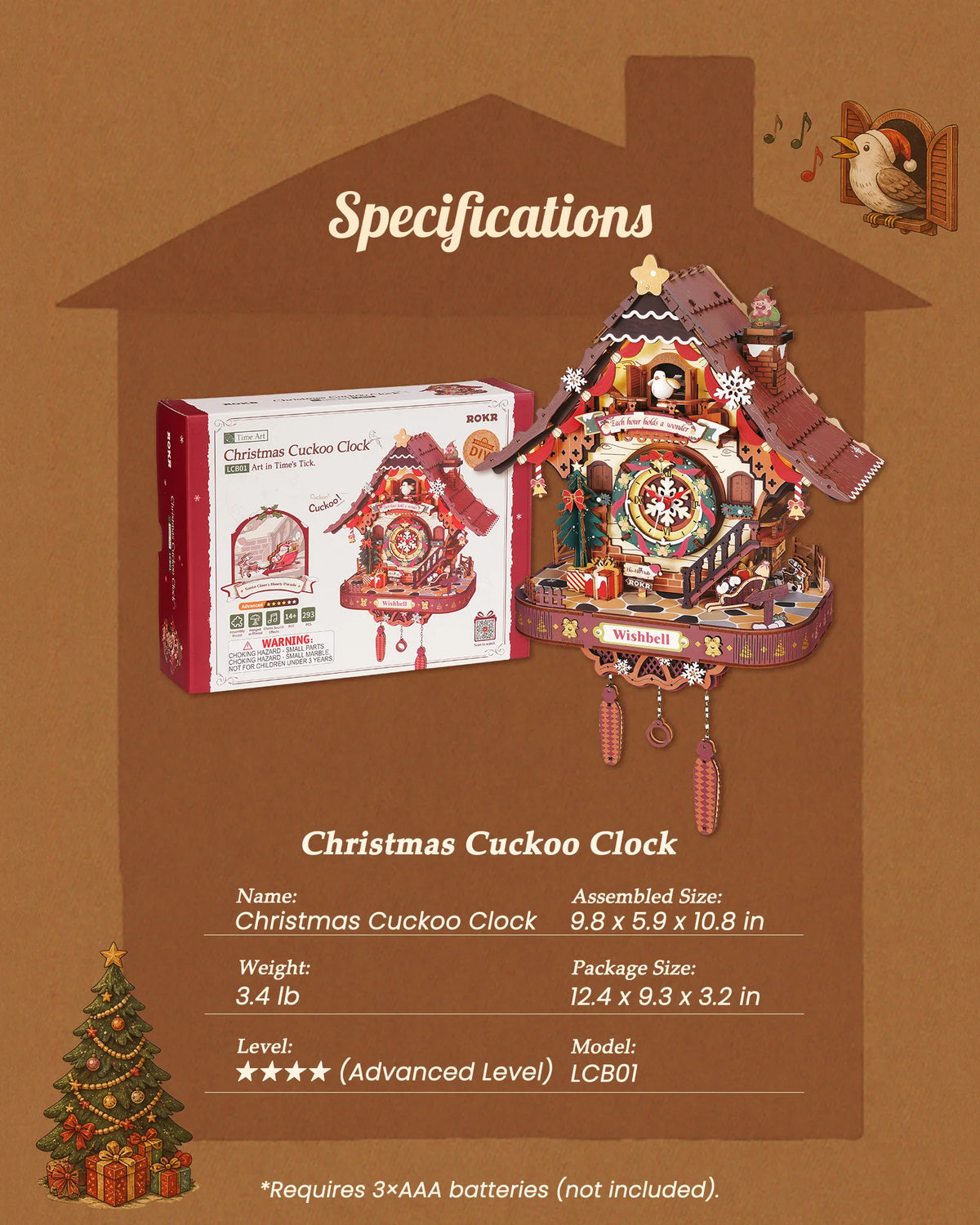 ROKR Wooden 3D Puzzle Toys - Christmas Cuckoo Clock Mechanical Model Building Kit 293PCS DIY Brain Teasers Toys for Wall Decor Holiday Gift for Adults Teens