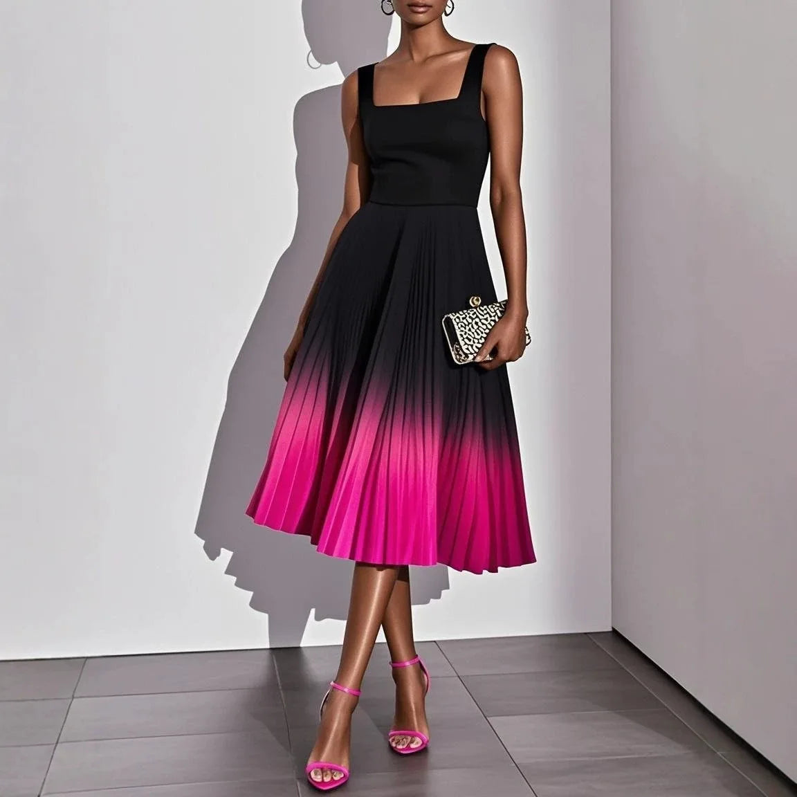Square Neck Ombre Pleated Midi Dress