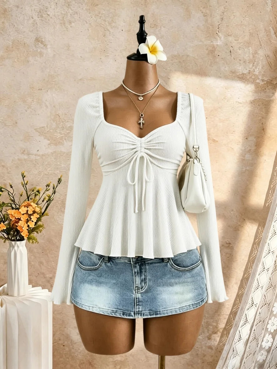 Women Square Neck Ruched Drawstring Bust Flare Long Sleeve Peplum Top Ribbed Knit Solid Black Slim Fit Casual Blouse