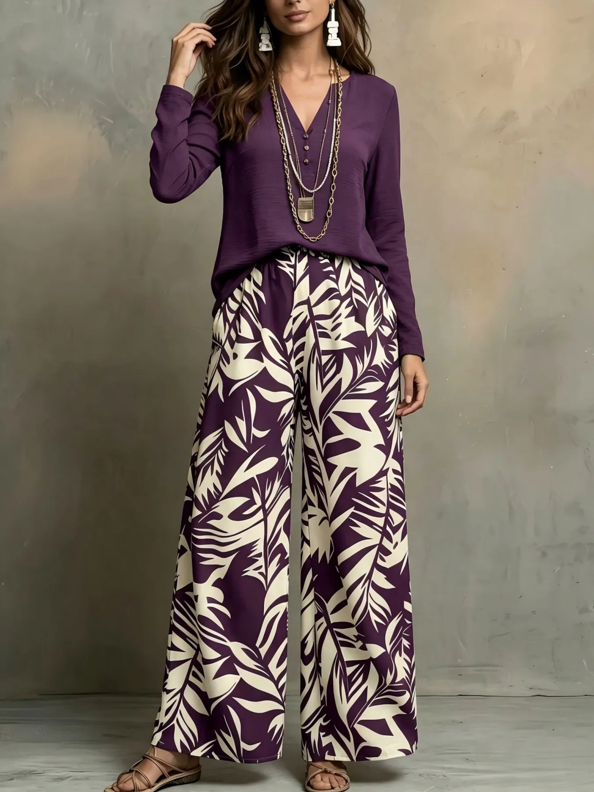 Women 2 Piece Outfit V‑Neck Long Sleeve Blouse Top Leaf Print Elastic Waist Wide Leg Pants Set Casual Loose Vacation Boho Loungewear Suit