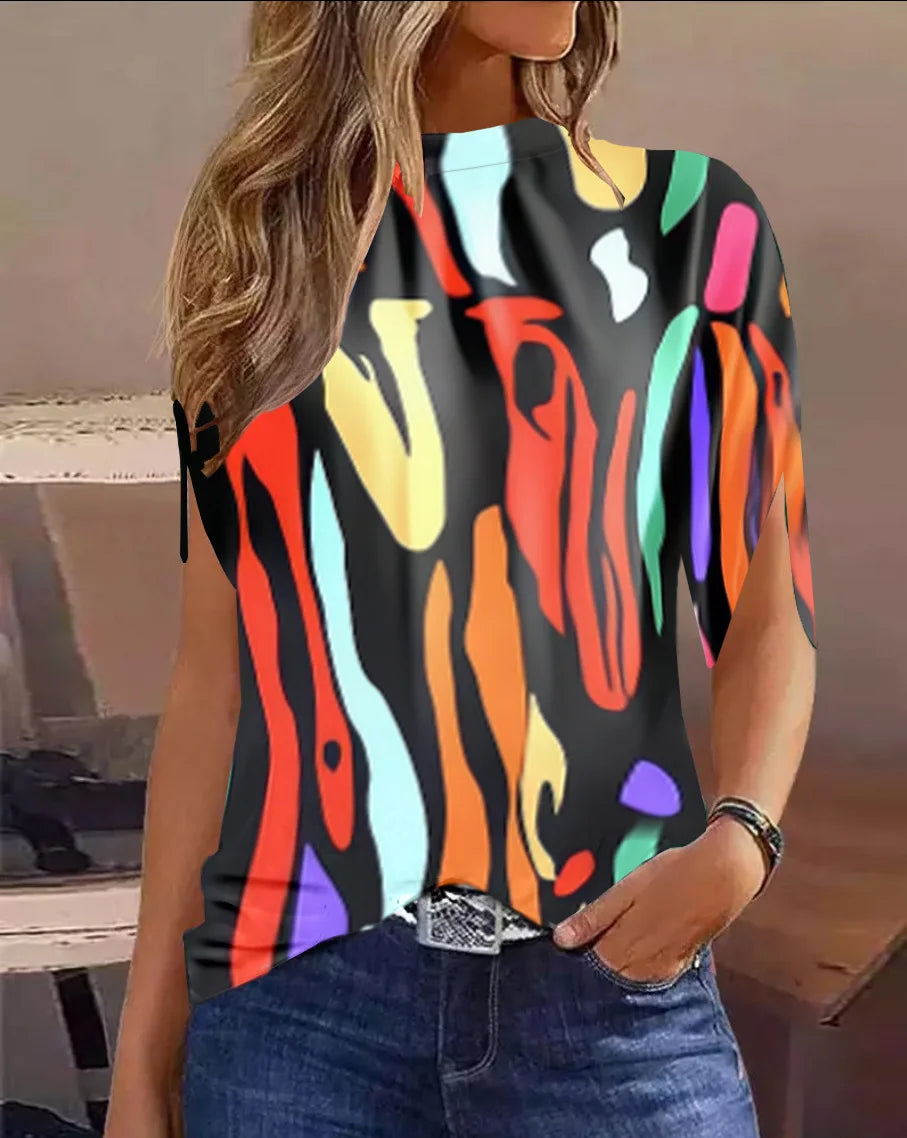 Fashion Shawl Design Short Sleeve Top Shirt Vintage Green Gradient Print Female Loose Pullover Blouse Women Elegant O-Neck Shirt