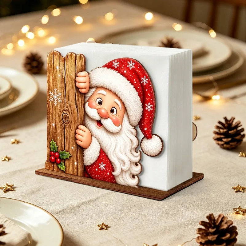 Santa Claus Wooden Napkin Holder Christmas Table Decor Desktop Tissue Storage Rack Xmas Party Dining Room Tabletop Decorations