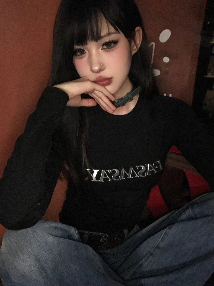Seeslim Hotsweet Black Print Letter Graphic T Shirts Long Sleeve Slim 2000s Clothes Y2k Tees Female Clothing T-shirt Autumn Top