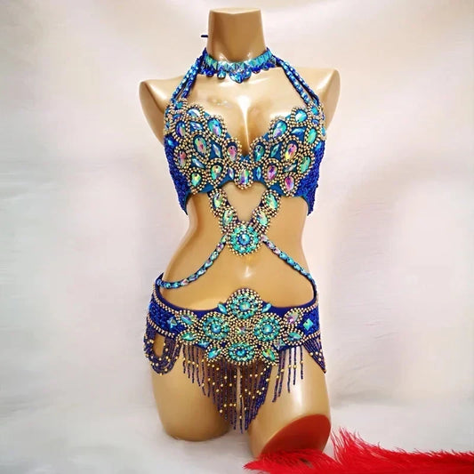 Beaded Crystal Belly Dance Costume, 3 Piece Set