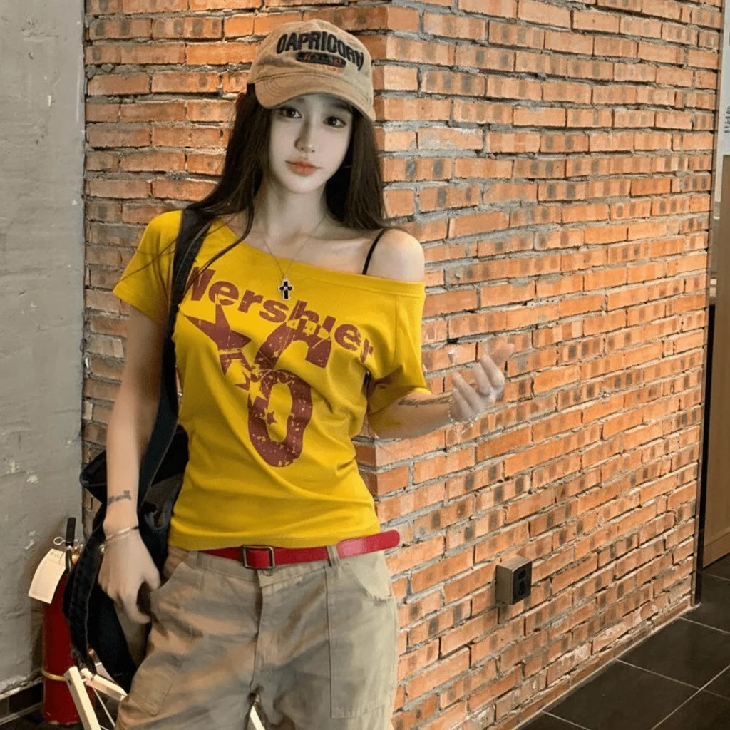 Fashion Y2k Off Shoulder Top Skew Collar Body Basic Crop Top Letter Print Basic Crop Top Vintage Style