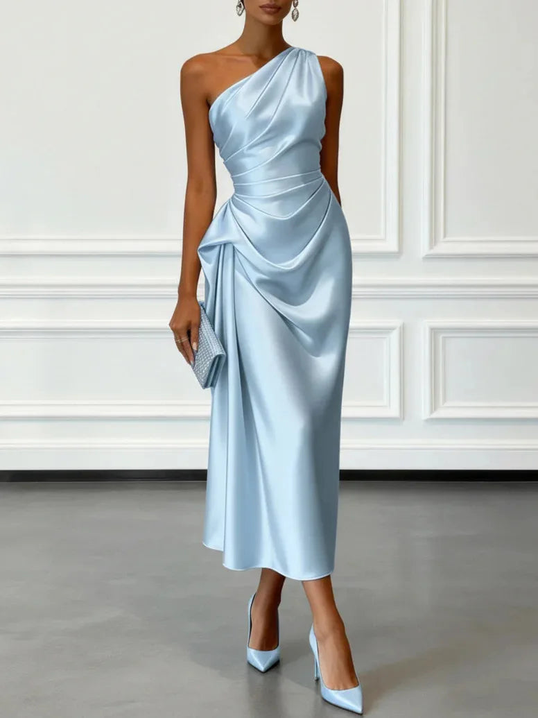 One Shoulder Asymmetrical Neck Satin Midi Dress All Over Side Ruched Draped Detail