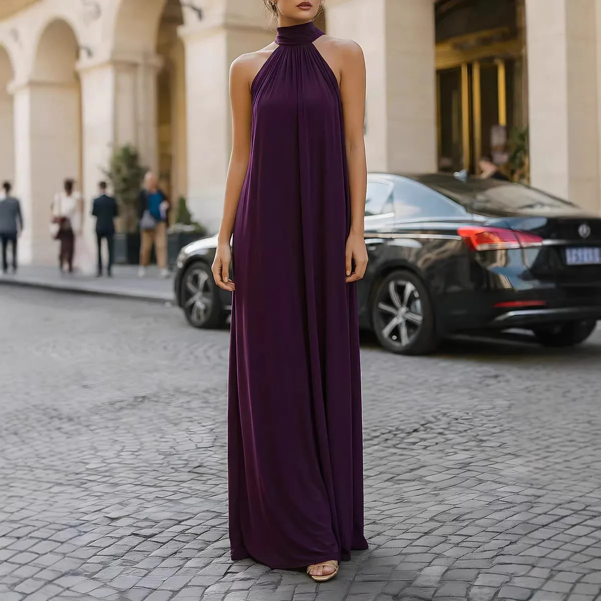Chic Solid Color Halter Collar Floor Length Dress Female Formal Occasion Office Lady New