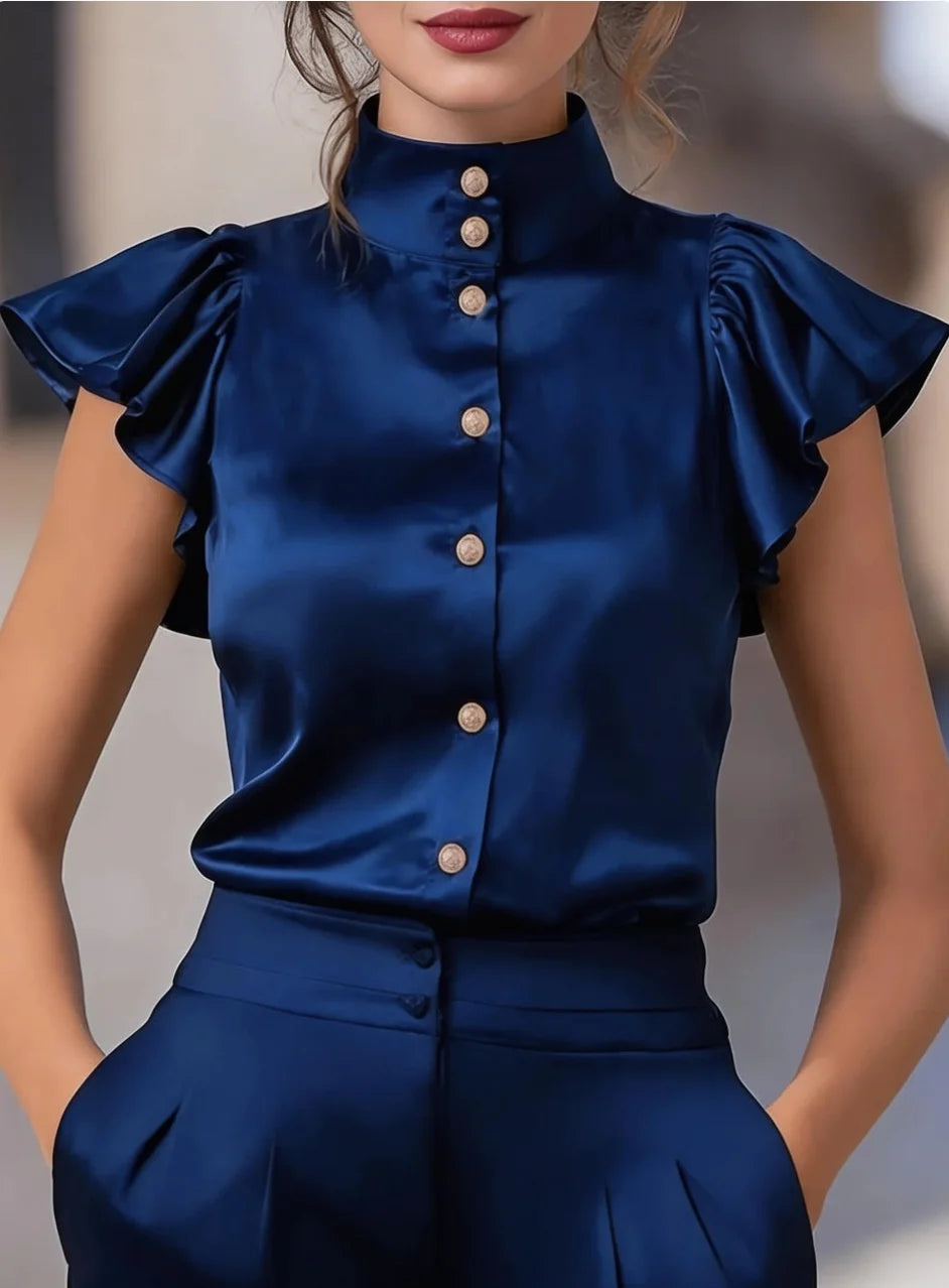 Women's Stand Collar Ruffle Cap Sleeve Button Down Satin Blouse for Office Work and Formal Events
