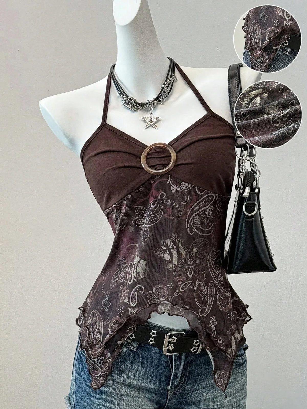 Sexy Spicy Girl Sleeveless Halter Tops Women's Printed Mesh Splice Slim Fit Backless Camisole Summer Fashion Elegant Crop Top
