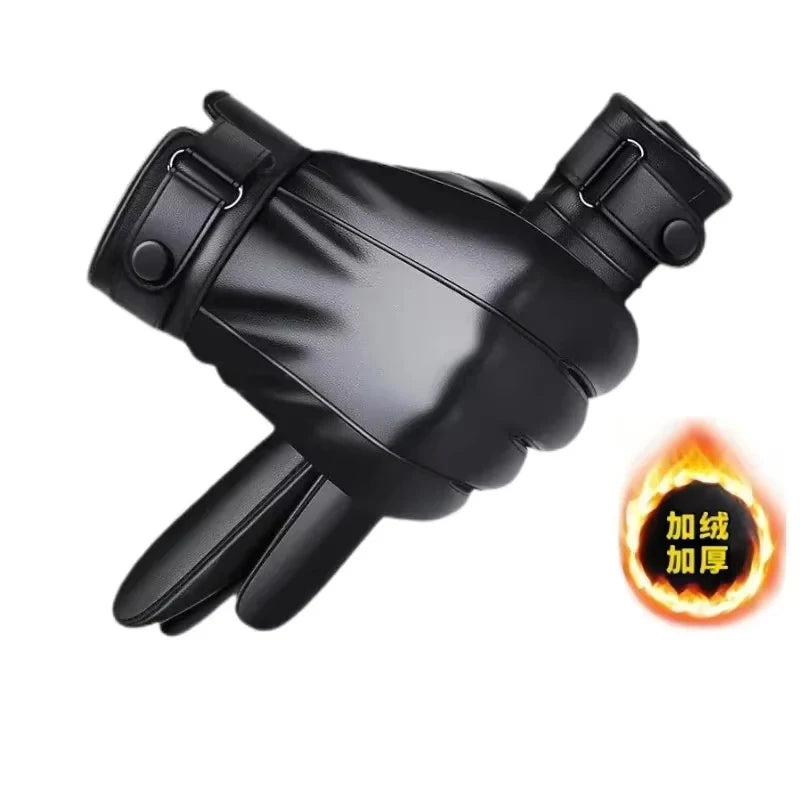 Winter Gloves for Men Genuine Leather Gloves Warm Plus Velvet Touch Screen Gloves Outdoor Cycling Driving Motorcycle PU Gloves