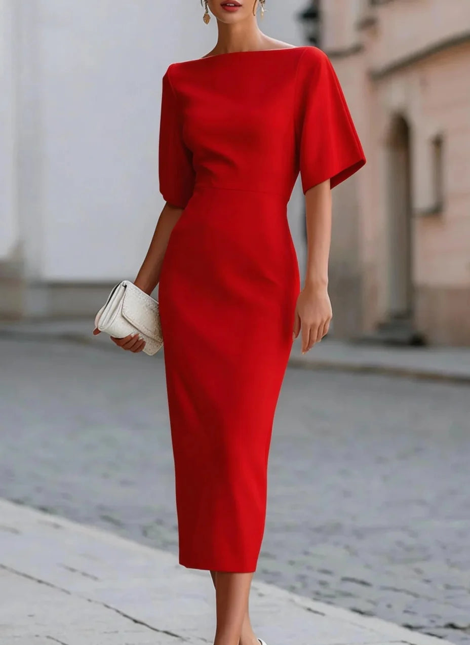 Elegant Boat Neck Half Sleeve Midi Dress Fitted Waist Formal Party Gown