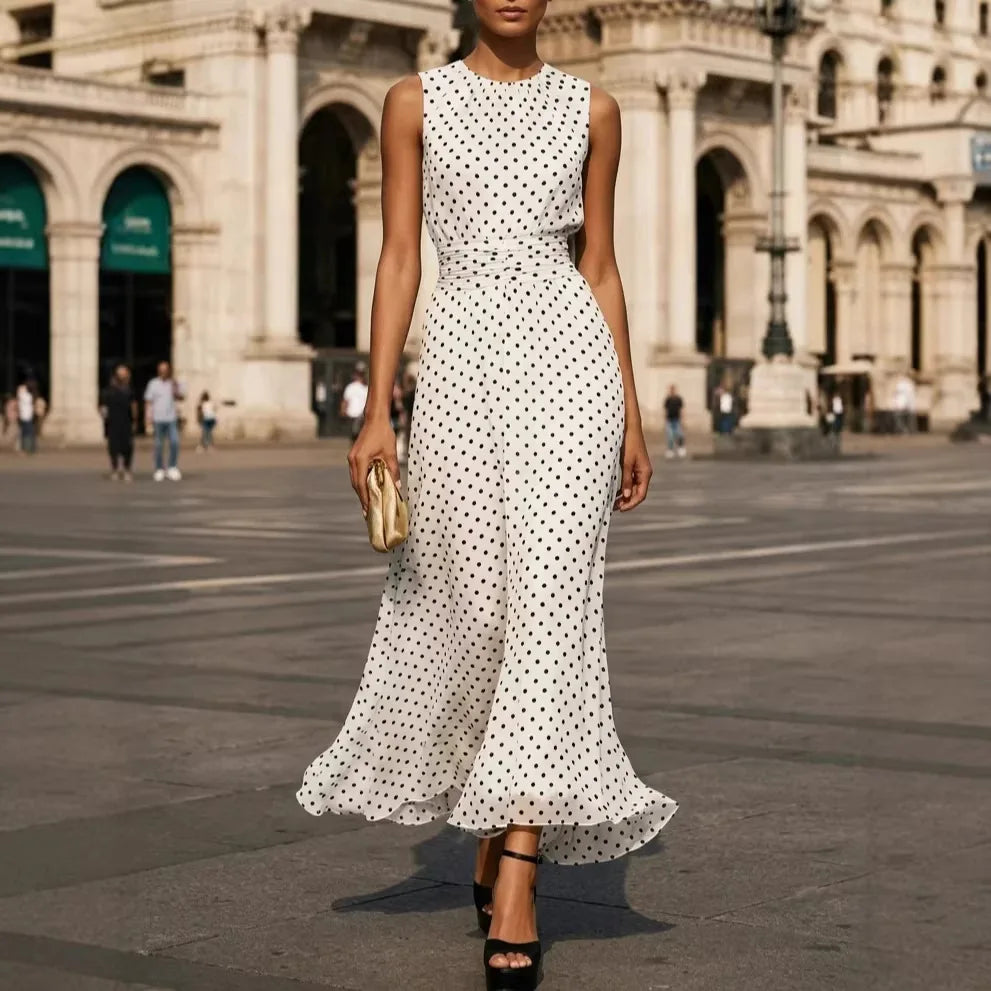 Polka Dot Chiffon Maxi Dress with Waist Tie