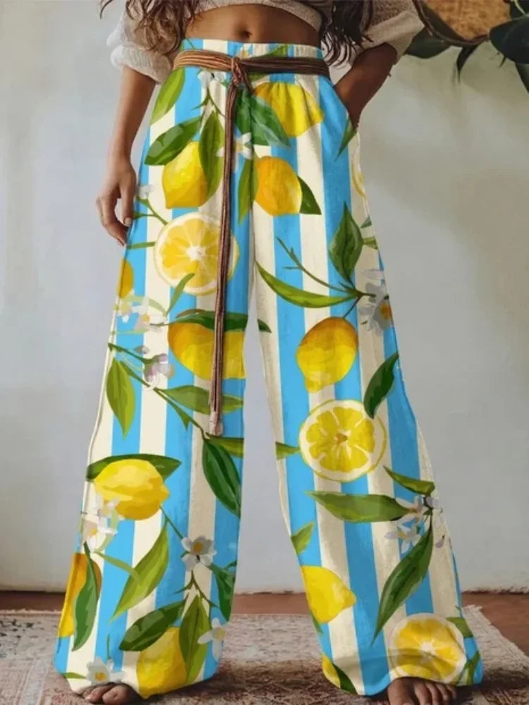 2026 New Style Women's Printed Wide Leg Pants, Blue and White Stripes, Lemon Flower Pattern, Drawstring High-Waisted Baroque Pants. Fast Shipping from the US Warehouse. Suitable for Summer Bohemian Beach Outdoor Vacation and