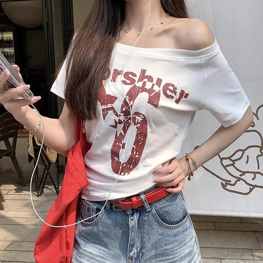 Fashion Y2k Off Shoulder Top Skew Collar Body Basic Crop Top Letter Print Basic Crop Top Vintage Style