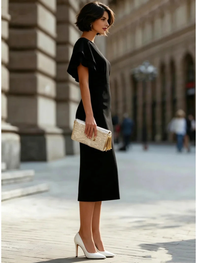 Elegant Ruffle Sleeve Midi Dress Women Slim Fit Bodycon Party Wedding Guest Formal Evening Gown
