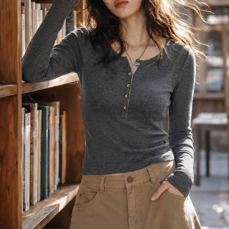 Maden Women's Basic Daily Solid Color Henry Collar Knitted Wool T Shirt Slim Lightweight Long Sleeve Inner Wear Autumn Base Tops