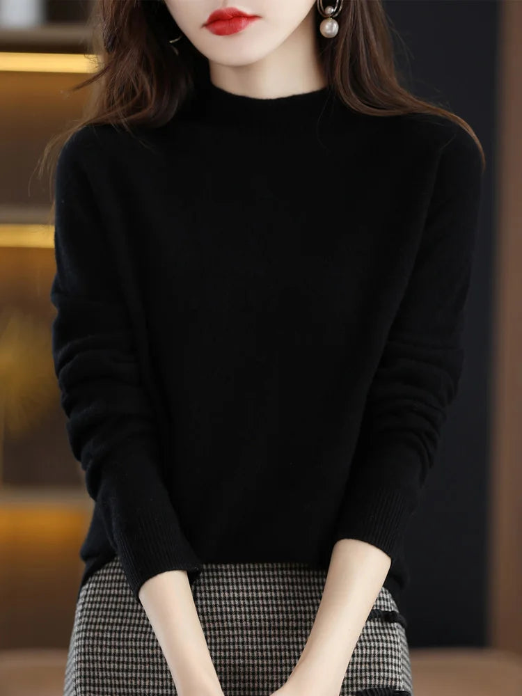 Fashion 100% Wool Sweater Women's Mock-Neck Knitwear Cashmere Pullovers Autumn Winter Long Sleeve Jumpers Clothing Tops