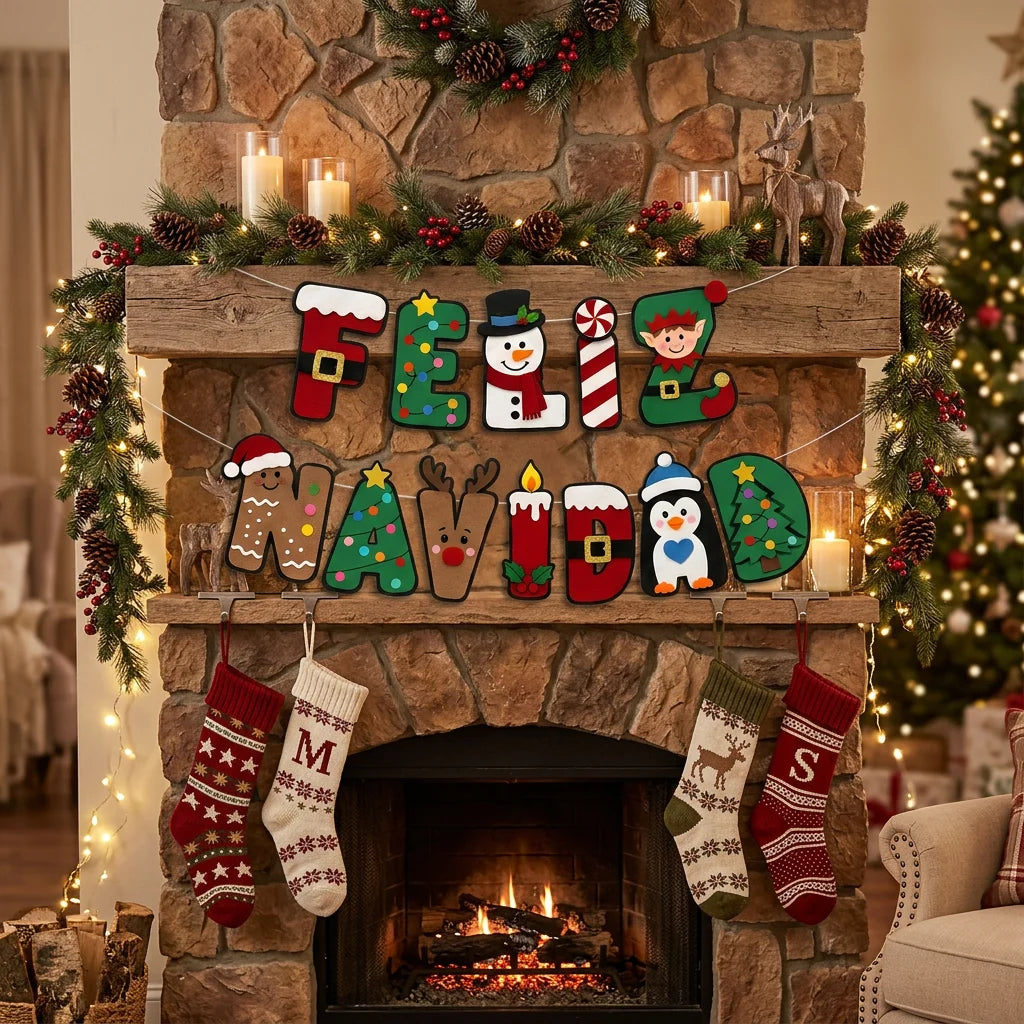 Felt Feliz Navidad Banner Spanish Christmas Letter Garland Snowman Elf Penguin Xmas Wall Hanging Decor for Home Fireplace Party