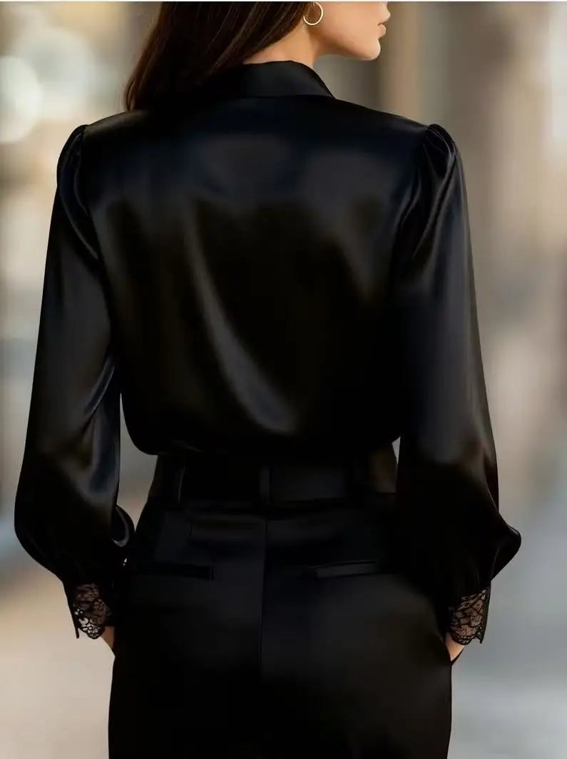 Elegant White Lace-Trimmed Satin Blouse - Sophisticated Women's Fashion Top